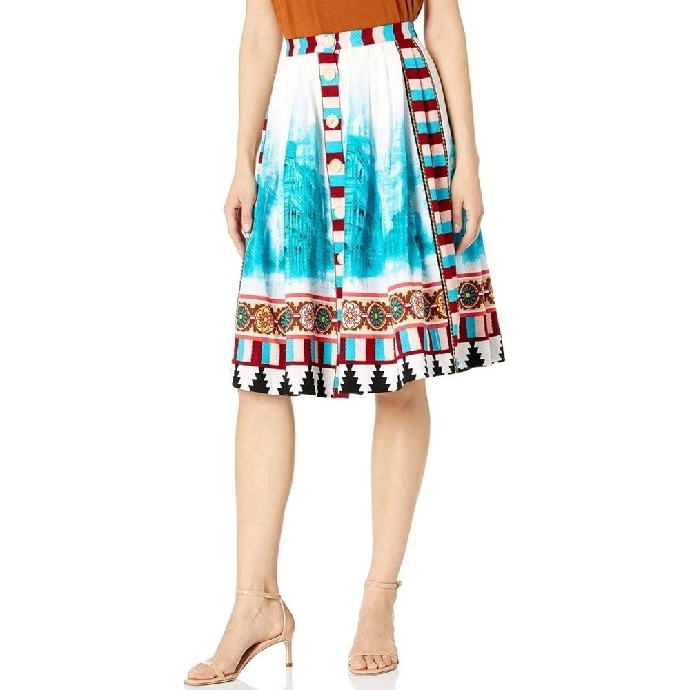 NWT Tracy Reese Plenty‎ Print A Line Skirt Cityscape Sz 10 Button Front $148